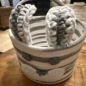 Bunny Themed Decorative Rope Crochet  Storage Organizer Basket Easter White Gray